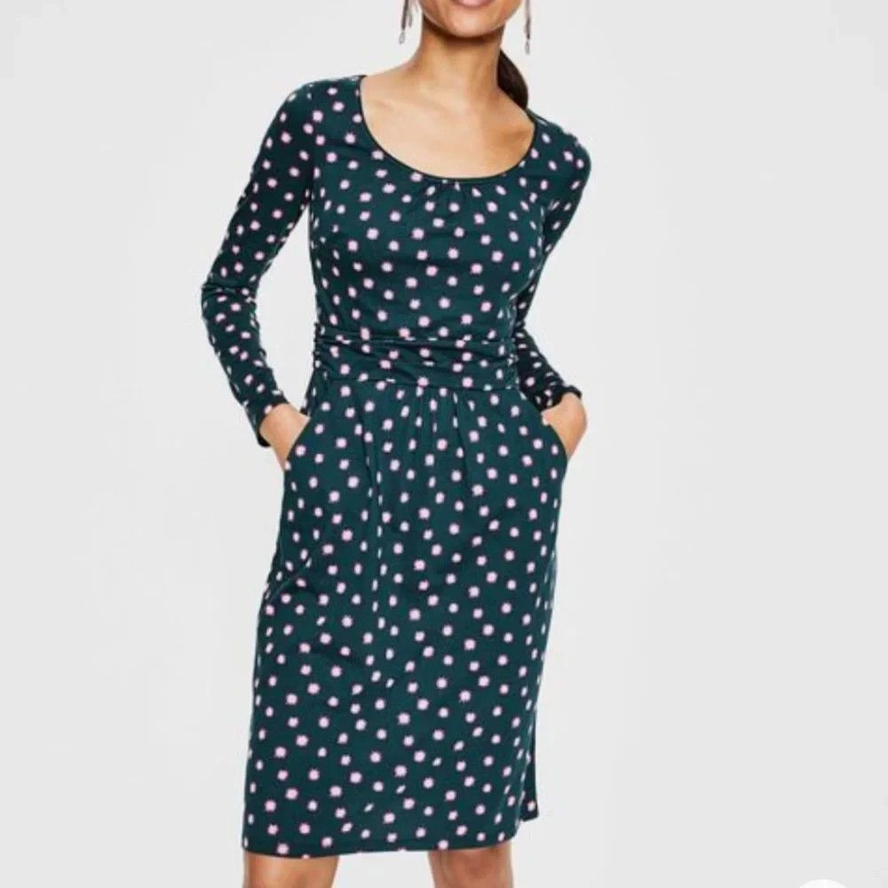 BODEN Mabel Jersey Dress Women 12 Teal Starburst Pockets Long Sleeve Knee Length
